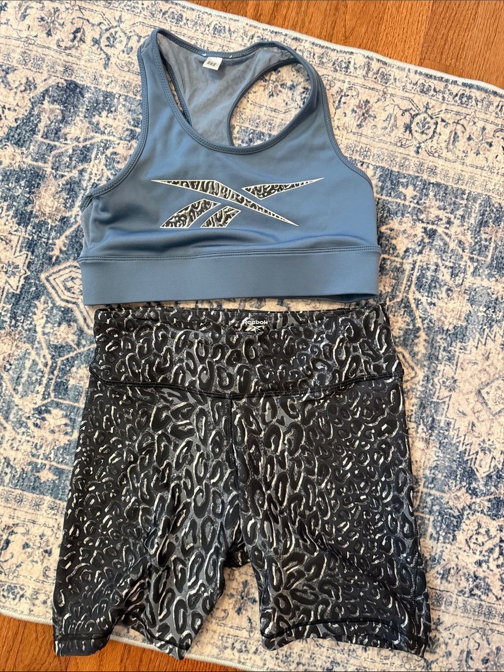 Reebok women’s Blue Sports Crop Top with Black Leopard Print Bike Shorts